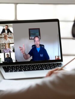 Fame employee have webcam conference with colleagues